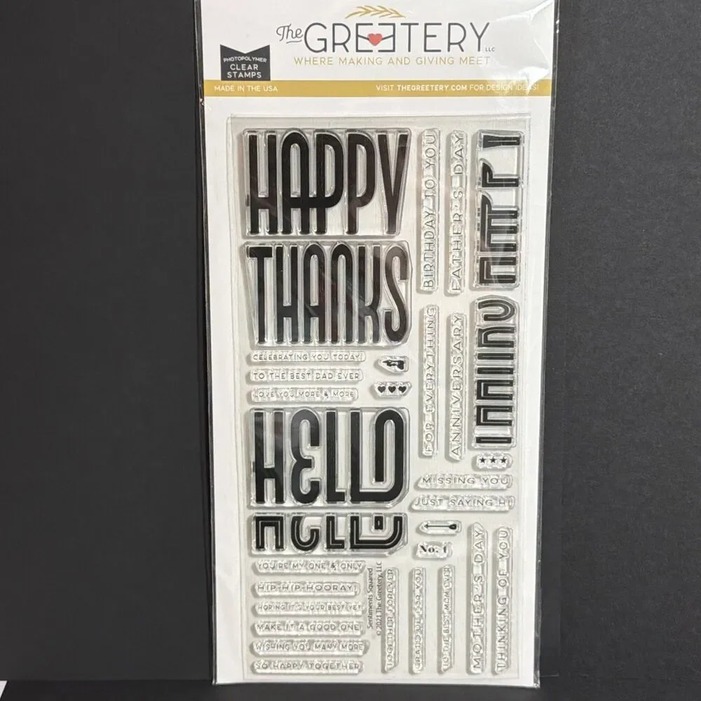 The Greetery Sentiments Squared Stamps happy thanks hello